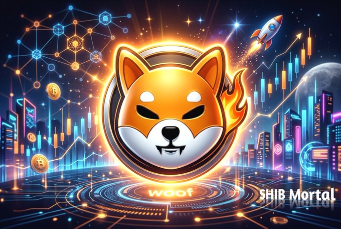A digital illustration of a Shiba Inu dog's face in a gold coin emblem with 'WOOF' below, set against a space-themed crypto cityscape labeled 'SHIB Mortal' with a rocket and trading charts.