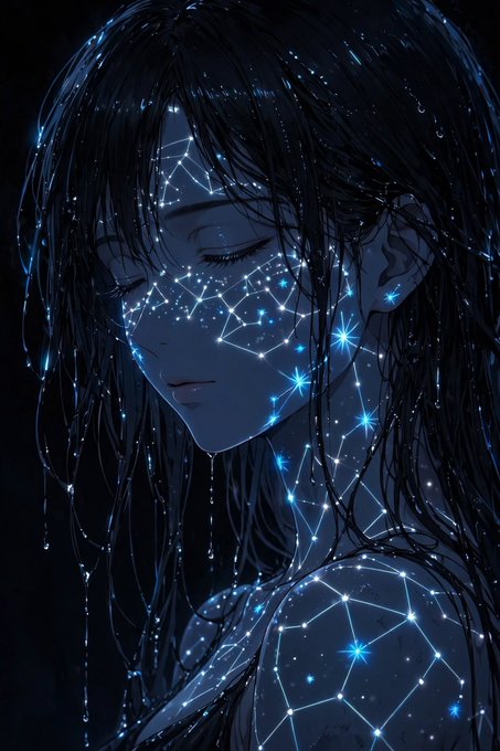 An anime-style illustration of a woman with glowing blue constellation patterns overlaid on her face, hair, and shoulders against a dark background.