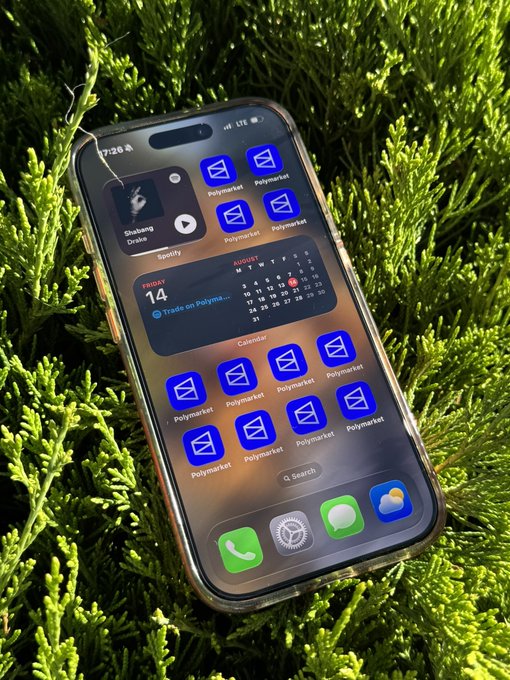 An iPhone resting on greenery displays its home screen dominated by numerous blue Polymarket app icons arranged across the display, with a "Trade on Polymarket" calendar widget and "Gochuang Drake" music widget visible. The image humorously illustrates the caption by showing the Polymarket app overwhelming the screen, living up to its "main character" status among the phone's apps.