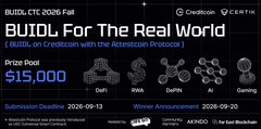A promotional banner for 'BUIDL: For the Real World' - a BTC, CTC 2026 Fair event by OneBitcoin and CertiK, offering a $15,000 prize pool with submission deadline 2026-09-13 and winner announcement 2026-09-20.