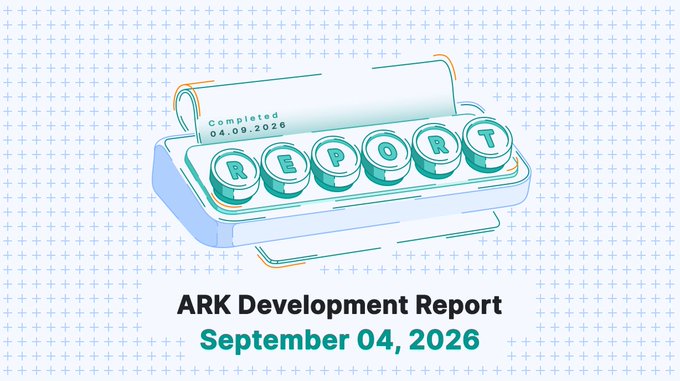 An illustration of a stamp marked "REPORT" completed on 04.09.2026 for an "ARK Development Report September 04, 2026" with a teal and blue color scheme.