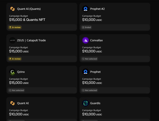 Campaign listings dashboard showing various crypto project campaigns including Quant AI (Quants) with $15,000 & Quants NFT budget in review, Prophet #2 ended with $10,000 USDC, ZEUS | Catapult Trade and Qzino both at $15,000 USDC, and other campaigns with various statuses.