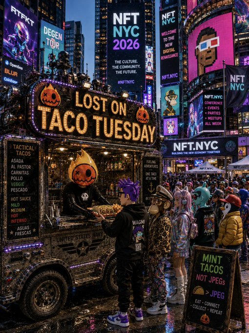 A vibrant, chaotic Times Square-style scene advertising 'NFT NYC 2026' featuring a 'Lost on Taco Tuesday' food truck serving tactical tacos, with NFT-themed characters and digital billboards.