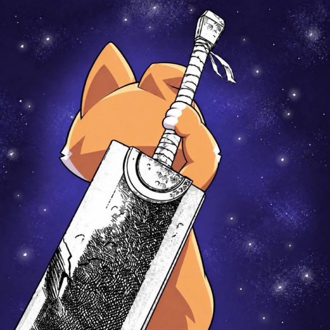 An anime-style illustration shows an orange fox character viewed from behind, holding a massive black and white sword against a starry purple cosmic background.