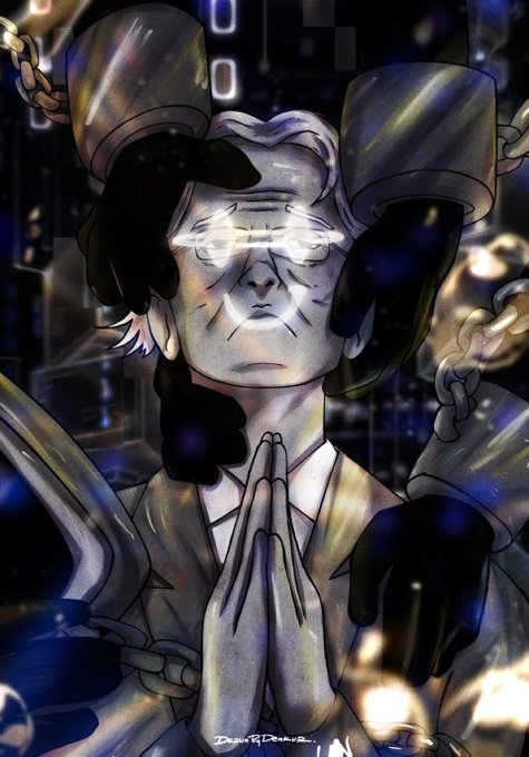 A digital artwork of a meditative figure with glowing white eyes, hands pressed together in prayer, and chains attached to dark metallic cuffs on their wrists, signed by the artist.