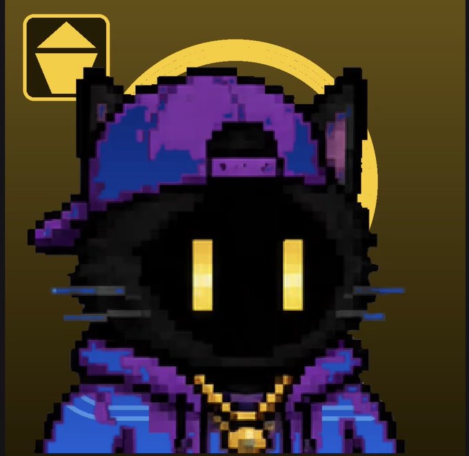 A pixel art portrait of a black cat with glowing yellow eyes wearing a purple and blue galaxy-patterned hood and gold chain, with a yellow triangular logo in the corner.