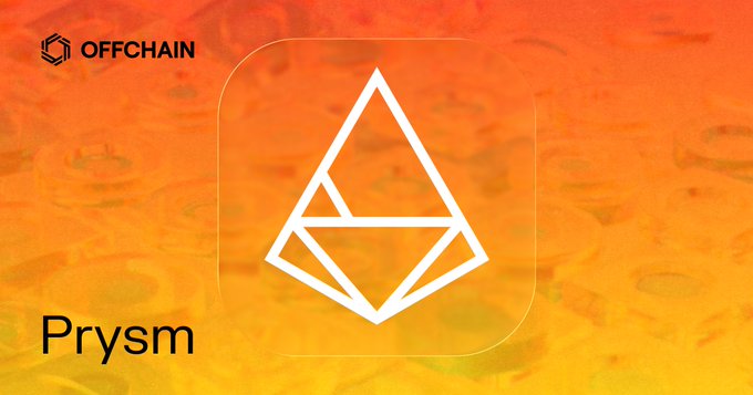 An Offchain app icon for "Prysm," featuring a white triangular Ethereum-style logo on an orange and yellow watercolor background.