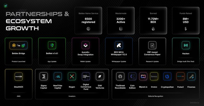 A dashboard titled 'PARTNERSHIPS & ECOSYSTEM GROWTH' displays metrics including '6500 Beldex Name Service registered', '3200+ Active Masternode', '11.72M+ BDX Burned', and '8M+ USD Funds Raised', along with various partner logos.