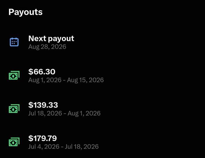 A Payouts screen showing the next payout scheduled for August 28, 2026, with previous payouts of $66.30, $139.33, and $179.79 from July-August 2026.