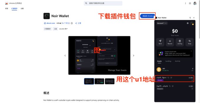 A screenshot showing the Noir Wallet extension page in the Chrome Web Store with Chinese annotations instructing users to download the wallet ("下载插件钱包") and use a u1 address ("用这个u1地址"), relating to a tutorial on using Noir Wallet for ZEC NFT whitelist applications.