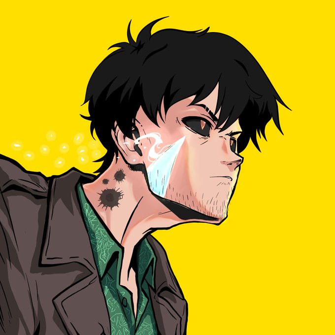 Stylized illustration of a young man with messy black hair, dark eyes, facial stubble, and a black jacket over a green shirt, shown against a bright yellow background.