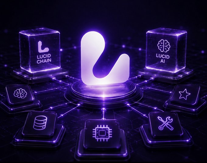 A purple-tinted 3D graphic illustrating a 'LUCID CHAIN' and 'LUCID AI' ecosystem, with a central glowing logo connected to various service icons including a brain, database, and chip.