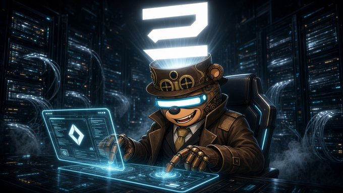A digital illustration of a steampunk-style anthropomorphic bear character wearing a top hat and goggles, working at a glowing blue holographic computer interface with an "S" logo above its head.