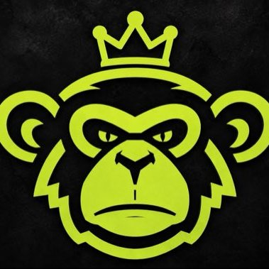 A neon green stylized logo of a gorilla head wearing a crown is displayed on a dark textured background.