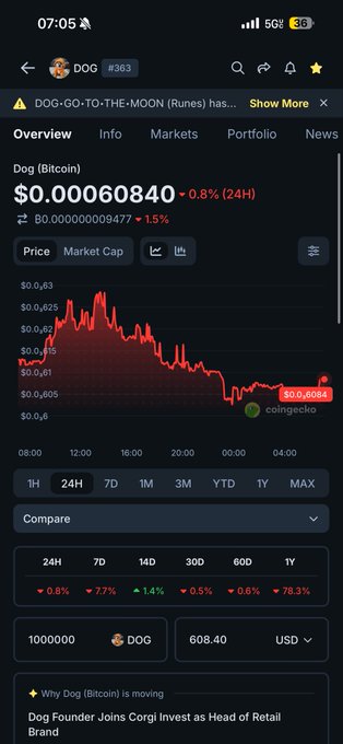 A CoinGecko app screenshot shows Dog (Bitcoin) DOG-GO-TO-THE-MOON (Runes) trading at $0.00060840, down 0.8% in 24H, with a red price chart indicating a downward trend.