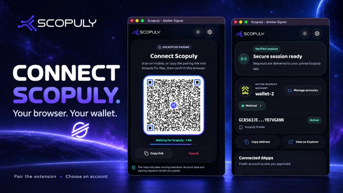 An advertisement for 'SCOPULY' with the text 'CONNECT SCOPULY. Your browser. Your wallet.', showing two app screens for pairing with a QR code and session details.