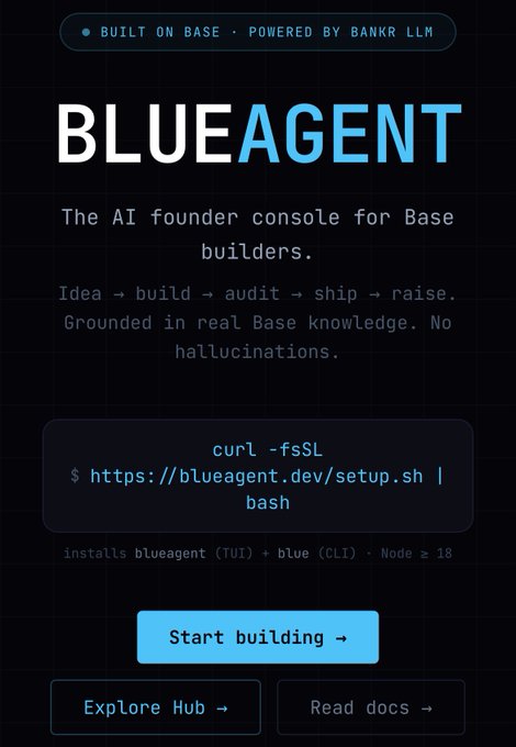 The image shows a screenshot of a page from a website called "Blue Agent", which provides information about the services provided by both Blue Agents and Bankr. It has a blue background with white text, highlighting their partnership for building a tool or service that supports AI-driven base builders. The post in question suggests an idea: starting to build using the agent platform. There are several tabs on this page, including "Explore Hub", which seems related to the initial exploration of the idea before developing it further and then launching with the Agent Agent tool. This image offers a clear understanding of how the Blue Agent platform can be utilized by base builders for building intelligent tools or services.