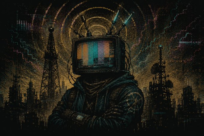 A dark, dystopian digital artwork depicting a figure with a vintage TV for a head displaying static colors, surrounded by antennas and a decaying cityscape with radio towers.