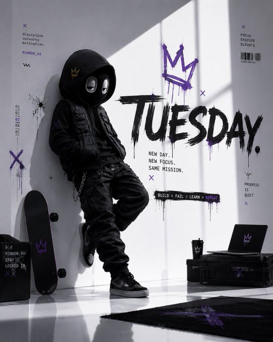 The image features a person wearing black clothing standing against a white wall with graffiti on it. The person has a skateboard next to them, suggesting they might be interested in skateboarding or urban culture. The text "TUESDAY" is written above the person's head, and there are two laptops present in the scene - one located near the bottom right corner of the image and another towards the top left corner.