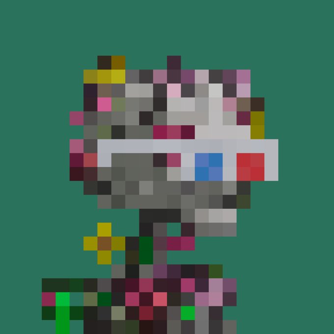 A pixelated, abstract figure with a white band across its face is set against a solid teal background.