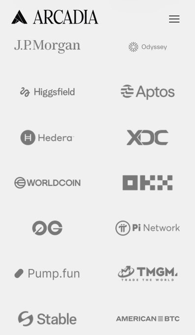 The image shows the Arcadia Marketing logo at the top, with a grid of 14 client logos beneath it—including J.P. Morgan, Odyssey, Higgsfield, Aptos, Hedera, XDC, Worldcoin, OKX, 0G, Pump.fun, TMGM, Stable, American BTC, and notably Pi Network—visually supporting the post's claim that Pi Network has been added as a client alongside major institutional names.