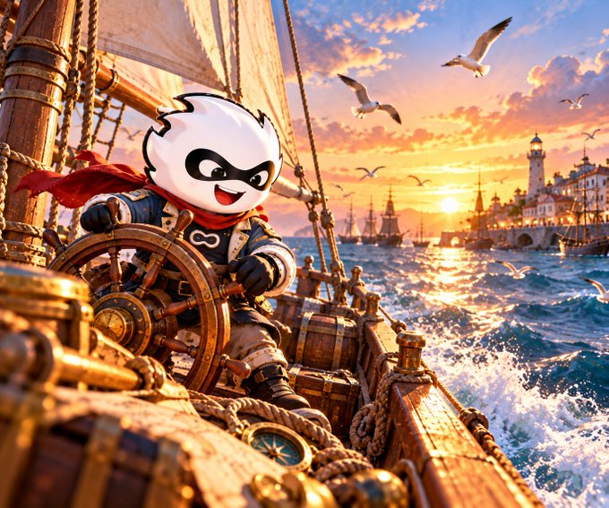 A 3D-rendered cartoon pirate character with a mask and red cape steering a ship's wheel on a wooden vessel at sunset, with seagulls flying, a harbor with a lighthouse in the distance, and ocean waves.