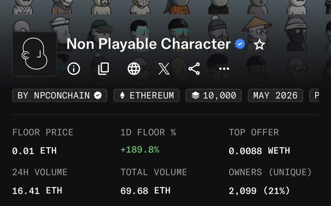 The image shows an advertisement for @NPconchain featuring a bunch of cartoon characters and an update button, as well as text stating that there's something up next which says "Non Playable Character".