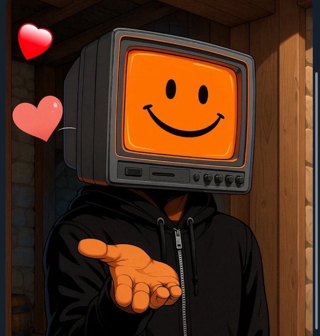 A digital illustration of a figure wearing a black hoodie with an orange vintage television for a head displaying a smiley face, accompanied by floating hearts in a wooden room setting.