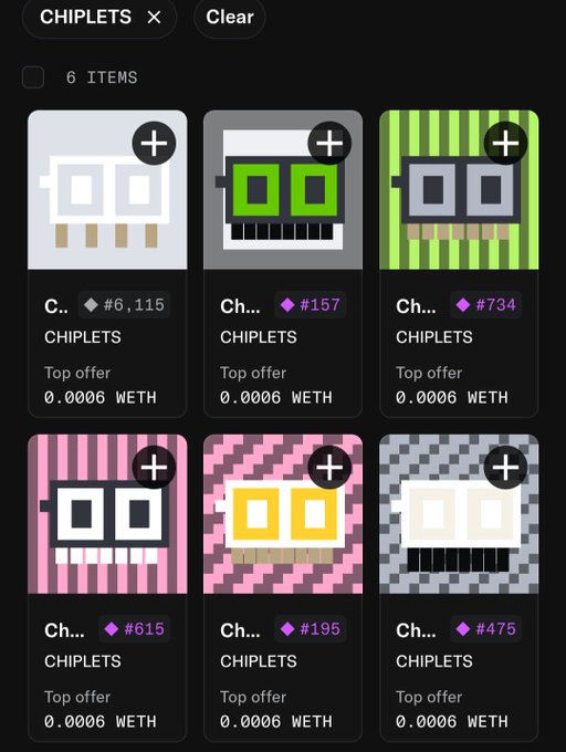 A mobile app screenshot showing a collection of six 'CHIPLETS' NFT items for sale, each with a '+' icon, an item number, and a top offer price of 0.0006 WETH.