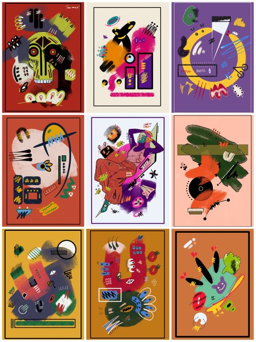 A 3x3 grid of nine vibrant abstract art pieces featuring colorful geometric shapes, patterns, and textured brushstrokes against backgrounds in red, purple, pink, and brown hues.