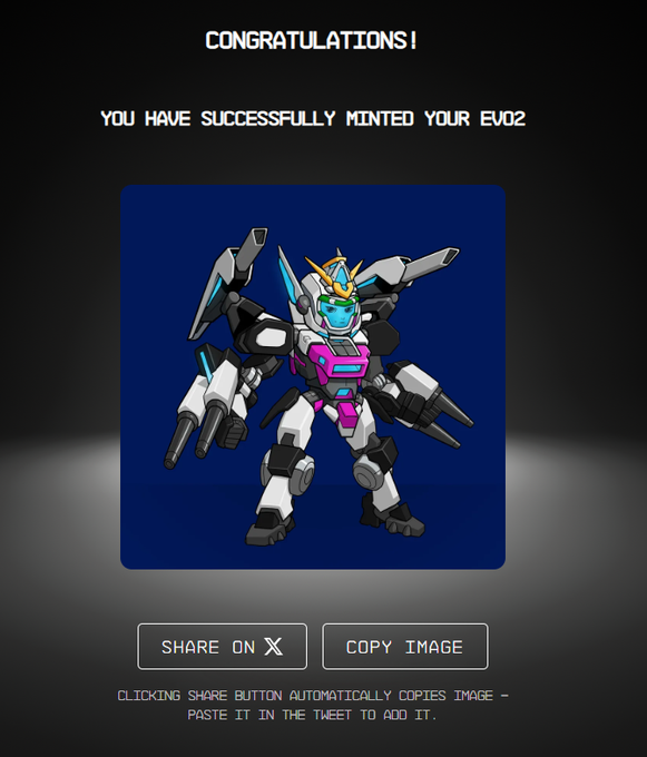 A 'CONGRATULATIONS! YOU HAVE SUCCESSFULLY MINTED YOUR EVO2' message appears above an image of a Gundam-style mecha, with 'SHARE ON X' and 'COPY IMAGE' buttons below.