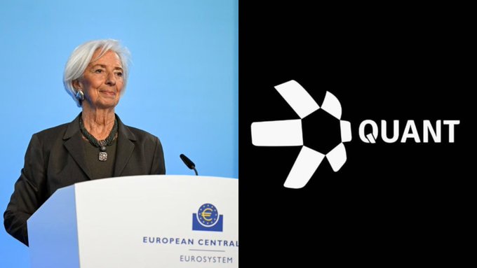 Christine Lagarde, President of the European Central Bank, stands at a podium bearing the "European Central Bank Eurosystem" logo alongside the Quant (QNT) logo, visually connecting the ECB with the cryptocurrency's recent classification as a utility token under the MiCA framework granting access to Europe's €18 trillion economy.