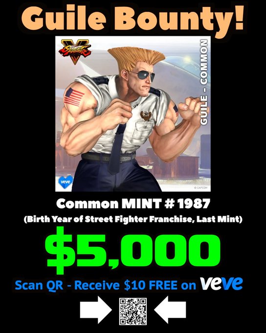 The image advertises a $5,000 bounty for the Guile Common Mint #1987 on Veve, featuring artwork of the Street Fighter character Guile with the text "Guile Bounty!" and "Common MINT #1987 (Birth Year of Street Fighter Franchise, Last Mint)," tying into the post's announcement that this specific NFT will be burned on June 30, making it a rare find.