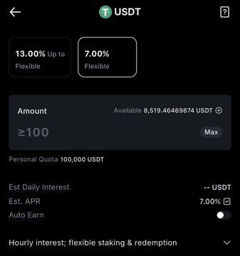 A mobile app screen showing USDT staking options with 13.00% up to 7.00% flexible, an amount field of 100, and a personal quota of 100,000 USDT.