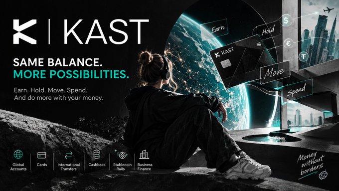 KAST advertisement with the tagline "SAME BALANCE. MORE POSSIBILITIES." promoting features like Earn, Hold, Move, Spend, Global Accounts, Cards, International Transfers, Cashback, Stablecoin Rates, and Business Finance.