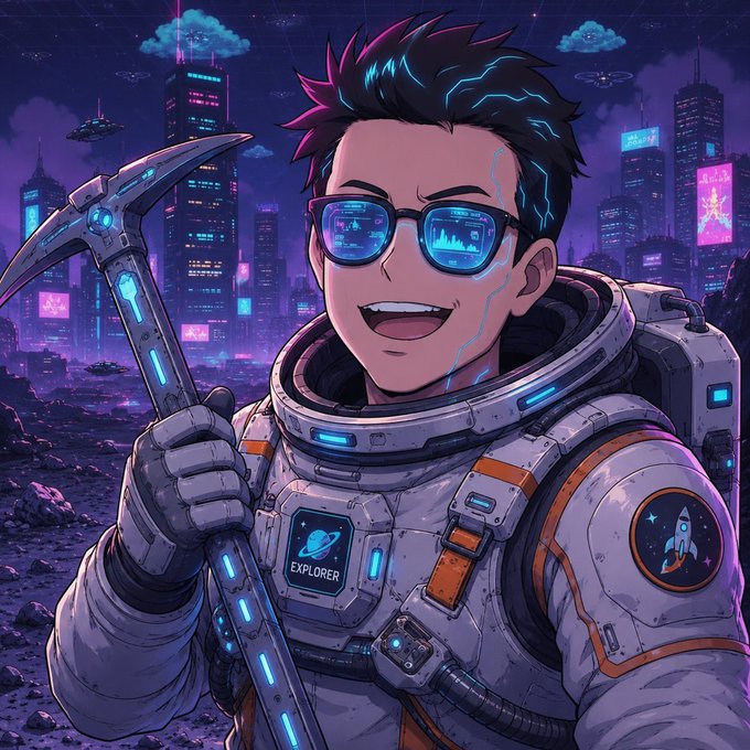The image features a cartoon man wearing a spacesuit, holding a sword or pickax, and smiling at the camera. The background of the image shows a cityscape with buildings and neon lights, which contrasts with the man's futuristic outfit. The caption "Join the game Honey @BaseForgeGame is for astro miner Based like you" suggests that this scene could be part of an advertisement or promotional material for a video game or movie featuring a character similar to the one in the image.