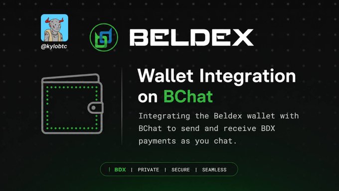 A promotional graphic for 'BELDEX' wallet integration on BChat, featuring their logo and text about sending and receiving BDX payments.