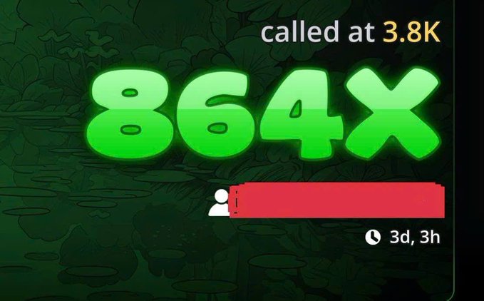 A Discord screenshot celebrates "called at 3.8K" showing "864x" multiplied into a 3-day, 3-hour gain, humorously contrasting the meme's fantasy of turning $1,000 into $1M by simply holding with the reality that scaling out earlier (at x3-x5) would have made the real-life entry at $1,000 impossible to replicate.