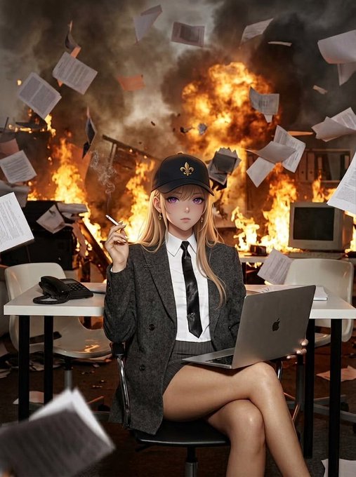 An anime-style illustration depicts a woman in a suit and cap, smoking a cigarette with a laptop on her lap, sitting calmly as papers fly through the air amidst a fiery background.