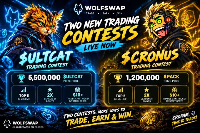 A promotional banner for 'WOLFSWAP' advertising 'TWO NEW TRADING CONTESTS LIVE NOW', featuring a '$ULTCAT TRADING CONTEST' with a 5,500,000 $ULTCAT prize pool and a '$CRONUS TRADING CONTEST' with a 1,200,000 $PACK prize pool.