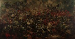 A dark, highly detailed and chaotic painting depicting a gruesome battle scene filled with numerous figures and red accents.
