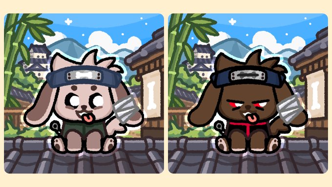 Two side-by-side cartoon illustrations of dog-like ninja characters wearing headbands, one light-colored with a Konoha-style symbol and one dark brown with a red symbol, sitting on rooftops.