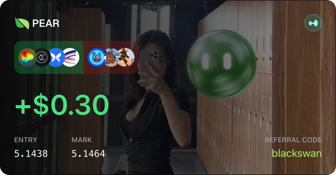 Screenshot showing a trading app called PEAR with a +$0.30 gain, an entry of 5.1438 and mark of 5.1464, referral code 'blackswan', and a green smiley face overlaying a mirror selfie.