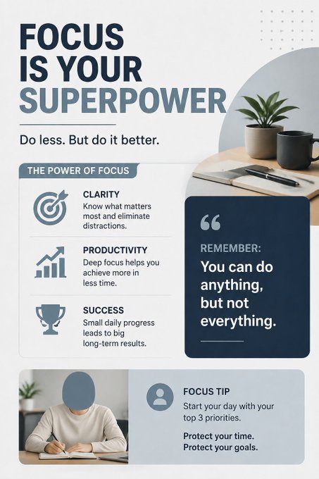 An infographic titled 'FOCUS IS YOUR SUPERPOWER' with the subtitle 'Do less. But do it better,' featuring sections on 'THE POWER OF FOCUS' covering Clarity, Productivity, and Success, plus a quote: 'You can do anything, but not everything.'