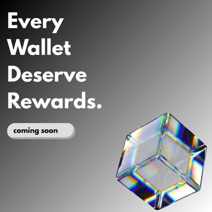 A promotional graphic featuring the headline "Every Wallet Deserve Rewards." with a "coming soon" button alongside a holographic prism cube, teasing an upcoming reward program from Earnbox where users can claim rewards by dropping their Solana wallet address.