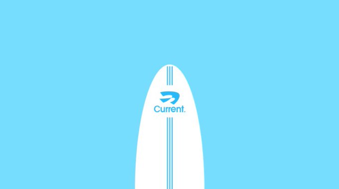 A minimalist graphic showing the tip of a white surfboard with blue stripes against a solid light blue background, bearing a 'Current.' logo.