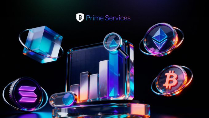 The image shows a sleek, dark promotional graphic for "BitGo Prime Services," featuring a 3D bar chart under a magnifying glass surrounded by glowing icons of various cryptocurrencies including Bitcoin, Ethereum, and Solana, symbolizing the platform's comprehensive coverage. The visual reinforces the post's message of unified access, as the magnifying glass and multiple crypto symbols represent BitGo's ability to aggregate and analyze trading across numerous venues and assets from a single point of access.