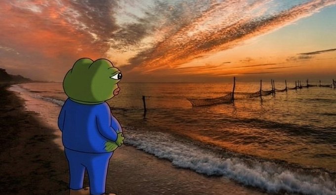 A cartoon frog character in a blue outfit stands on a beach watching a beautiful sunset over the ocean with fishing nets visible in the water.