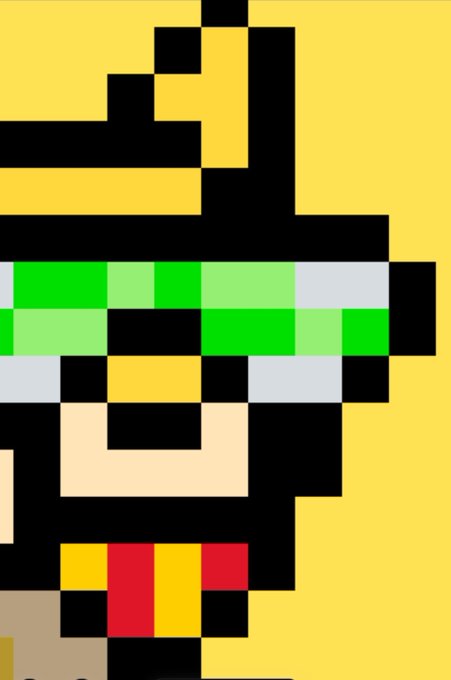 A heavily pixelated, low-resolution image showing a yellow background with abstract shapes in green, black, white, and red that resemble a distorted or corrupted character.