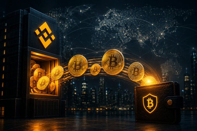 A glowing vault branded with Binance's logo emits a stream of golden Bitcoin coins (marked with "₿") flowing toward a leather crypto wallet, set against a futuristic nighttime cityscape with a digital network overlay—visually representing the massive $700 million USD in BTC withdrawal from Binance referenced in the post.